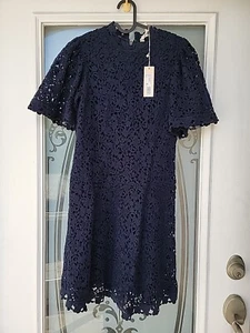 REBECCA TAYLOR Size US 0 Navy Blue Lace High-Neck DRESS Fit & Flare - Picture 1 of 3
