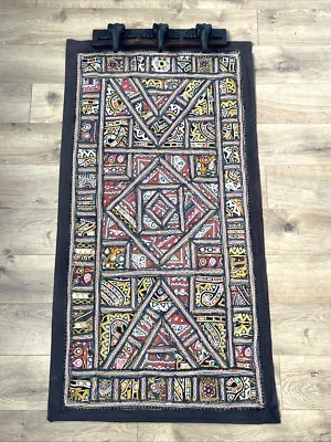 Vintage East Indian Embroidered Rabari Wall Hanging Gujrati textile Art w Hanger - Image 1 of 4