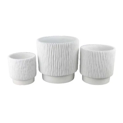 Textured Ribbed White Planter Trio Durable Terracotta for Modern Indoor Greenery - Image 1 of 4