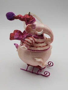 Pink Elephant Sled Glittered Christmas Ornament Pink Red Purple Pom Pom Unique - Picture 1 of 15