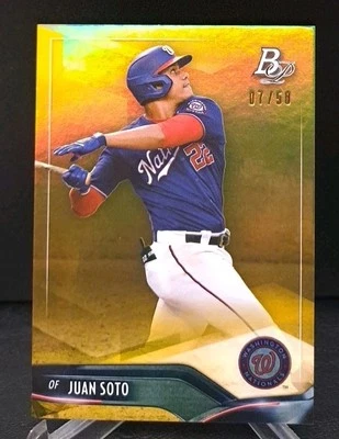 2021 Bowman Platinum 73 Juan Soto Gold Parallel serial #'d 07/50 Nationals - Image 1 of 3