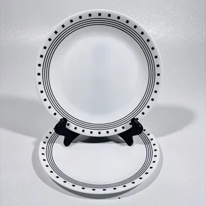 2 Corelle City Block Dinner Plates Black Squares Rings 10.25” Set Two Vitrelle - Picture 1 of 13