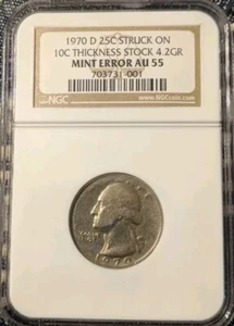 1970 D 25 Cent Struck On 10 Cent Thickness Stock 4.2 Gr NGC AU 55 - Picture 1 of 2
