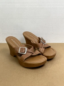 Hillard & Hanson Womens Size 5.5 Charlotte Tan Leather Heels Slip On Open Toe - Picture 1 of 8
