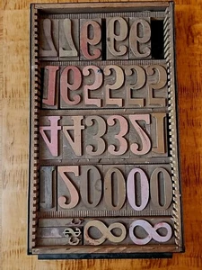 ART! Antique Metal Printing Press Tray With 28 Wooden Numbers (2"x4") & Symbols - Picture 1 of 6