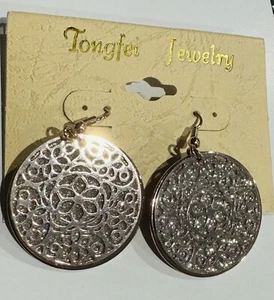 Tongfei Jewelry Rose Gold Tone Shield Round Drop Earrings Medallion - Picture 1 of 1