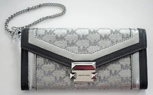 NUOVO Autentico MICHAEL KORS WHITNEY Logo Metallizzato Jacquard Catena Busta Portafoglio - Foto 1 di 12