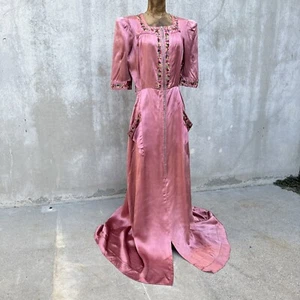 Vintage 1940s Pink Satin Zip Dress Colorful Embroidered Flowers Maxi Gown 1930s - Picture 1 of 24