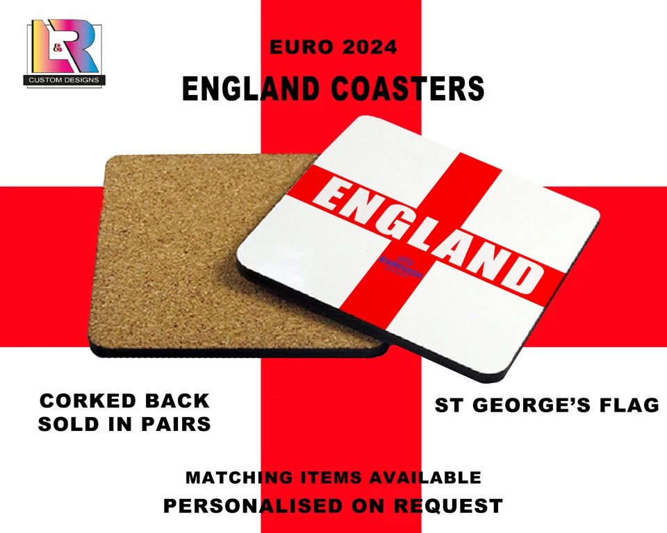EURO2024 ENGLAND COASTERS X2. Personalised on request. - Image 1 of 1