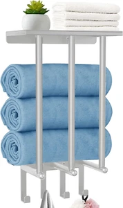 Bathroom Towel Rack with 4 Hooks - Wall Mount Towel Holder for Bathroom with Met - Picture 1 of 7