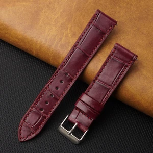 Burgundy Flat Crocodile Leather Watch Band Crocodile Watch Strap Silver Buckle - Picture 1 of 4
