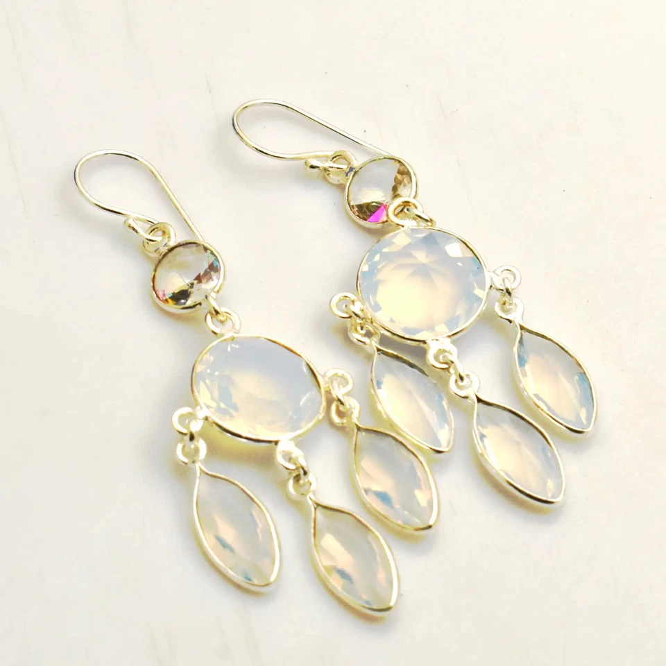 Pendientes colgantes hechos a mano con piedras preciosas de topacio blanco opalita joyería 1,8" AE-98855 Foto 1 de 1