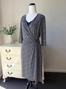DAVID LAWRENCE 12 Navy Spot Faux Wrap Dress Soft Stretch Jersey Office Work EUC - Bild 1 von 15