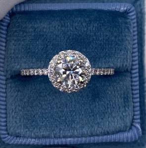 DIAMOND ENGAGEMENT RING ROUND HALO VS1 F 1.15CT GROWN LAB CREATED 14K WHITE GOLD - Picture 1 of 13