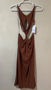 Zara braun hinten offen Twist Cut Out Maxikleid Größe Large neu mit Etikett Stretch Resort a3 - Bild 1 von 8