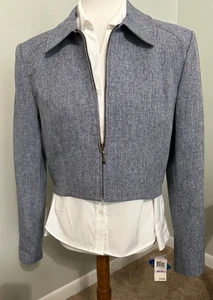 Georgiou Studio Blue Cropped Shoulder Pads Blue Blazer Zipper Jacket Size 12 - Picture 1 of 24
