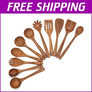 11-Piece Handcrafted Teak Wooden Kitchen Utensils Set - Elegant Cooking Tools - Picture 1 of 8