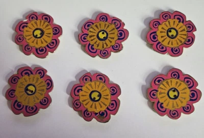 LAUREL BURCH buttons X6 pink yellow flower metal enamel floral by Dill Rare - Image 1 of 4