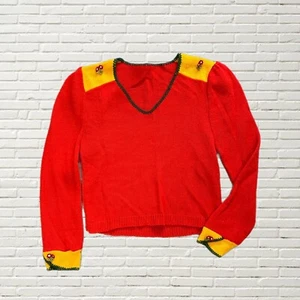 Vintage 70s Red Knit Top Floral Applique Color Blocked Yellow Hippie Xs/s - Picture 1 of 5
