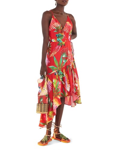 PALM ANGELS Abito Farm Rio ara rossa avvolgente midi taglia media senza maniche vacanza tropicale