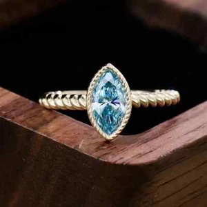 Aqua Blue Marquise Cut CZ Women's Rope Shank Engagement Ring In 10K Yellow Gold - Picture 1 of 7