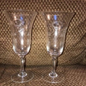2 Antique Crystal Toasting Flutes Pair Beautiful Etched Thin Fine Glass - Picture 1 of 3