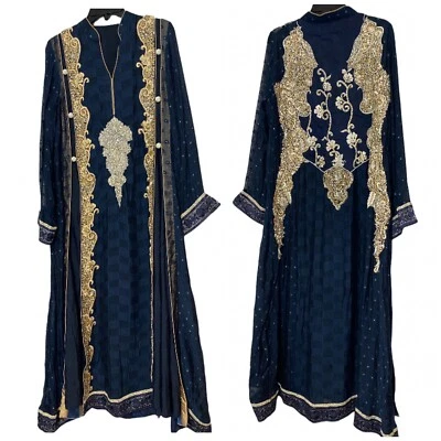 Vestido de noche de fiesta vintage túnica azul dorado adornos florales talla L/XL Foto 1 de 4