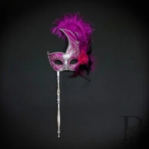 Holding Stick Party Mask | Feather Masquerade Mask Silver Hot Pink M6131 - Picture 1 of 5