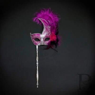 Holding Stick Party Mask | Feather Masquerade Mask Silver Hot Pink M6131 - Image 1 of 4