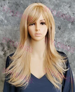 Golden Blonde Mix Long Layered Flip Heat OK Human Hair Blend Wig EVAN 24/613 - Picture 1 of 7