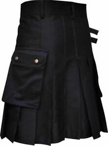 Mens Utility Modern Male Hybrid Cotton Tartan Kilts Scottish Pleated Skirt Black