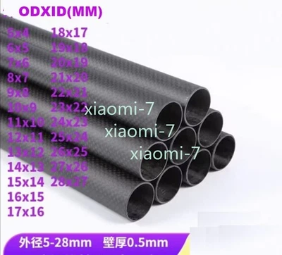 2Pc 5-28mm(OD) Thick 0.5mm 3k Carbon Fiber Tube Plain/Twill Weave 500mm Length - Image 1 of 4