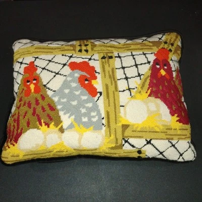 Hen House Rooster Chickens Embroidery Needlepoint Throw Pillow Velvet Back  - Image 1 of 4
