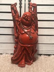 Vintage Red Laughing Carved Buddha Statue | Budai | Hotei | 19 Inches - Picture 1 of 8