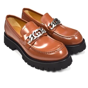 NWT $1190 GUCCI Lux Cordovan Brown Leather Logo Chain Lug Loafers 9G AUTHENTIC - Picture 1 of 12