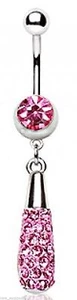 Belly Ring Fancy Teardrop Encrusted w/Pink Gems Elegant Dangle Naval Steel - Picture 1 of 3