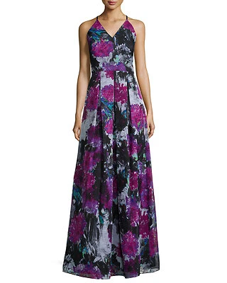 Phoebe ~ Floral Metallic Georgette V-Neck Strappy A-Line Evening Gown 8 NEW $450 - Image 1 of 4
