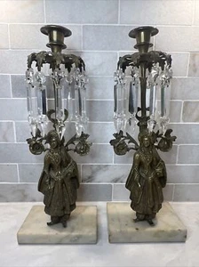 Set Of Girandole Candlesticks With Marble Bases Glass Prisms Sultanas - Picture 1 of 16