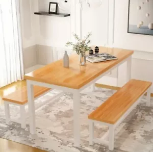 4 Person Elegant Modern Light Wood Dining Table Set With 2 Light Wood Benches - Picture 1 of 6