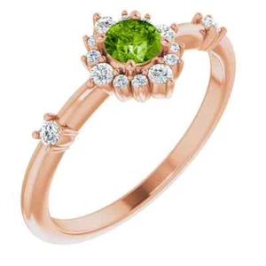 Anillo estilo halo de diamantes con peridoto natural rosa de 14K y 1/6 CTW - Imagen 1 de 5