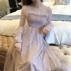 Women Fairy Mesh Midi Dress Puff Sleeve Ruffle Glitter Sequins Striped Prom Gown