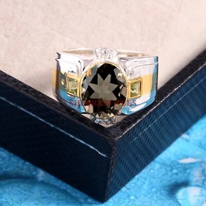 Rauchige Quarz & Peridot Mit Weiß Vergoldet Silber Ring für Herren #1946 - Bild 1 von 5