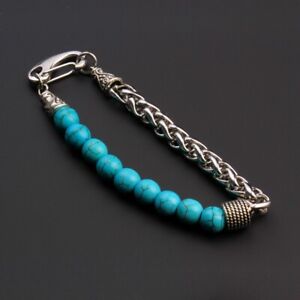 Stainless Steel Chain Bracelet with 8 mm Beads / Stone Bracelet / Turquoise
