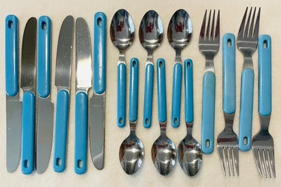 Cubiertos vintage con mango azul, cuchillos, cucharas, tenedores, 16 piezas, hechos en Japón Foto 1 de 2