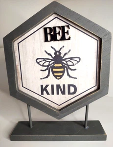 Bee Kind Art Wood Sign & Stand 9" Farmhouse Country Shabby Chic Decor Gray - Picture 1 of 10
