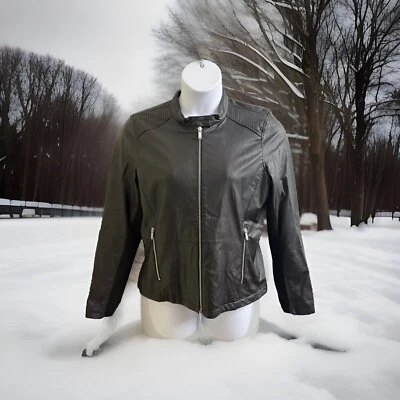Chaqueta de moto Calvin Klein negra de imitación de cuero plateada con cremallera para mujer adulta XL Foto 1 de 4