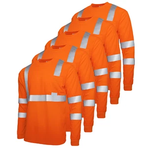 5 Pack Orange Hi Vis T Shirt ANSI Class 3 Reflective Safety Long Sleeve - Picture 1 of 8