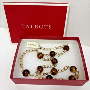 TALBOTS Amber Lucite Ball Bead Gold Tone Rectangle Chainlink Necklace NWT BOX - Picture 1 of 7