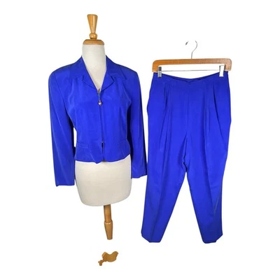 Conjunto Blusa Pantalones Vintage Shomi Petites 100% Seda Traje Dos Piezas Azul Real Talla 8 Foto 1 de 4