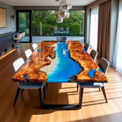 Custom Blue Ocean Epoxy River Table Top Handmade Live Edge Wooden Furniture Deco - Image 1 of 4